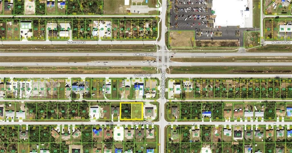This is an aerial map showing two adjacent vacant residential lots highlighted in yellow — 10506 PENDLETON AVENUE, ENGLEWOOD, FL