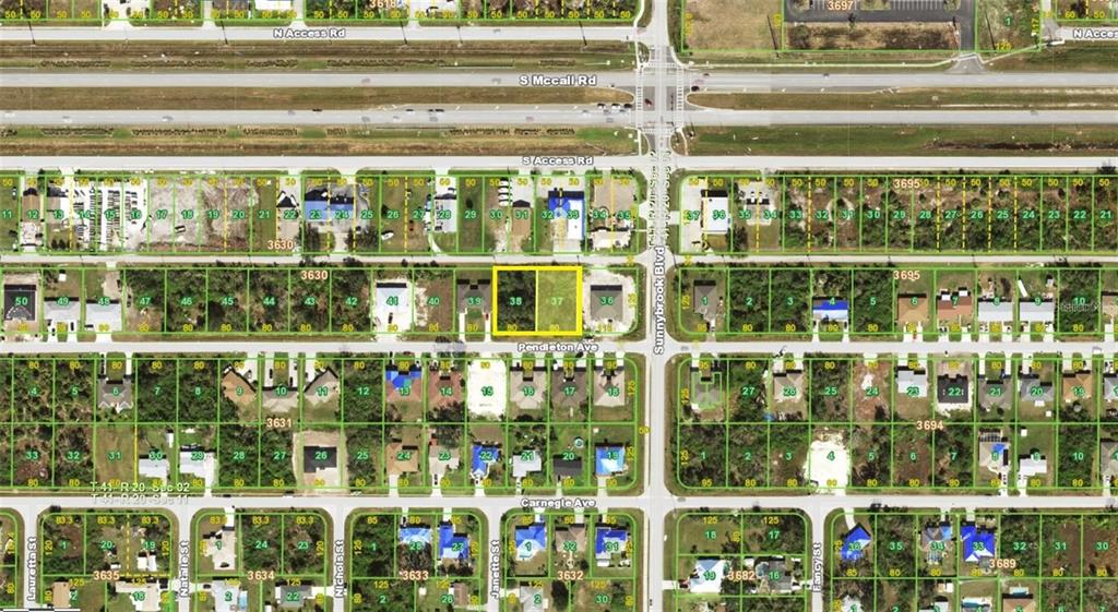 This is an aerial map showing residential lots and streets in a suburban neighborhood — 10506 PENDLETON AVENUE, ENGLEWOOD, FL