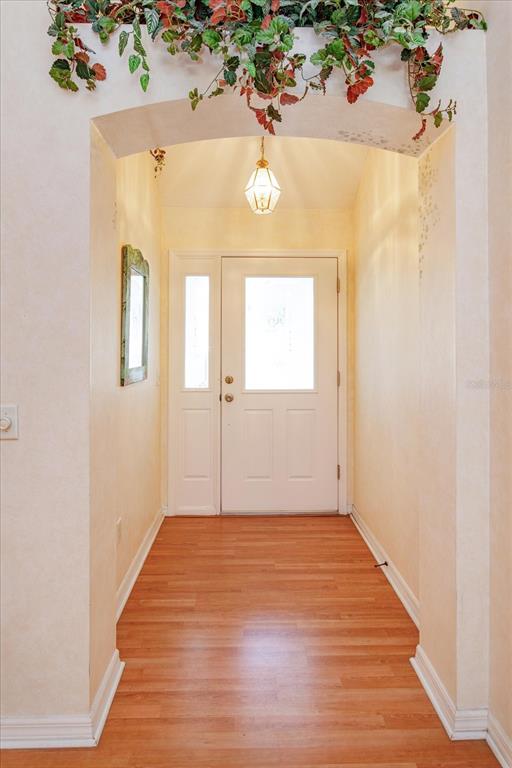 An entryway features a white front door, wood-look flooring, and an arched ceiling with greenery — 1115 SALDIVAR ROAD, THE VILLAGES, FL