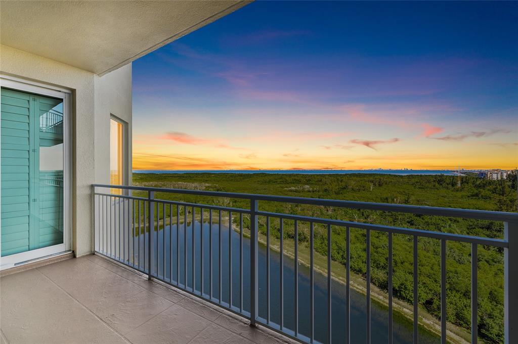 A balcony with a metal railing overlooks a pond, dense vegetation, and a sunset horizon — 10851 MANGROVE CAY LANE NE UNIT 1112, ST PETERSBURG, FL