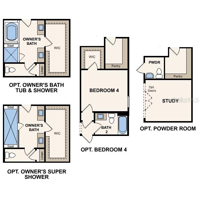 This floor plan shows optional configurations for an owner's bath, a bedroom, and a study — 59 PEGASUS ROAD, FLAGLER BEACH, FL