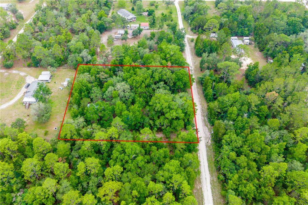 An aerial view shows a wooded lot outlined in red next to a residential house — 1671 NE 128TH AVENUE, WILLISTON, FL