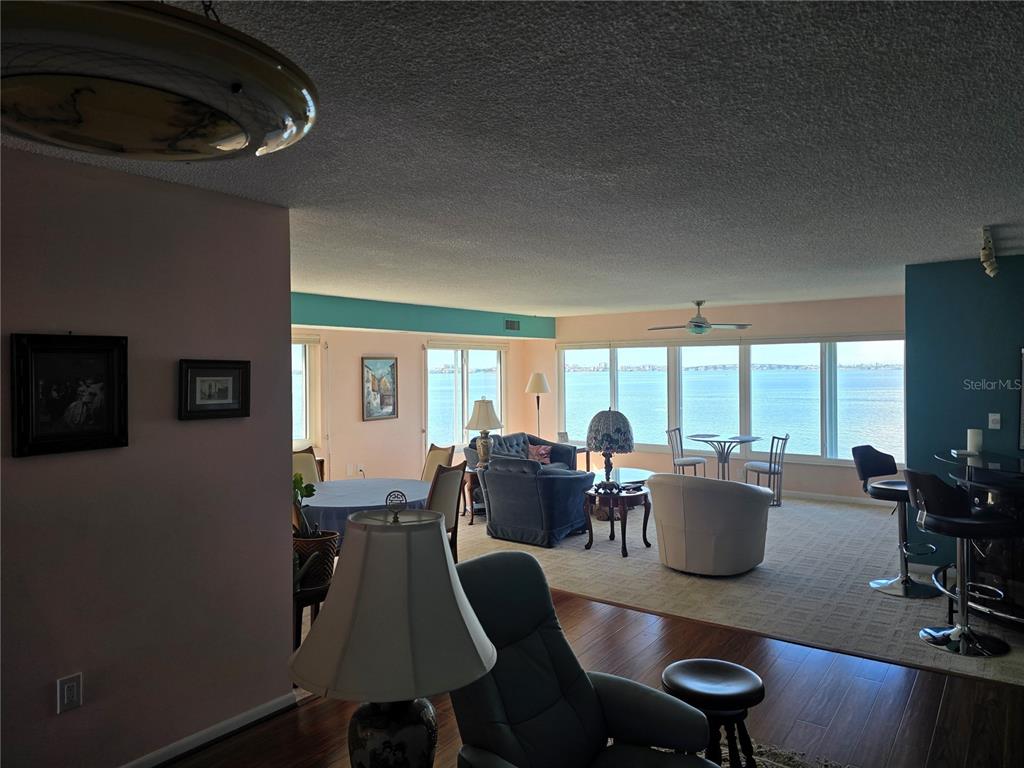 A living room with wall-to-wall windows overlooking the water and a mix of carpeted flooring — 5980 SHORE BOULEVARD S UNIT 501, GULFPORT, FL