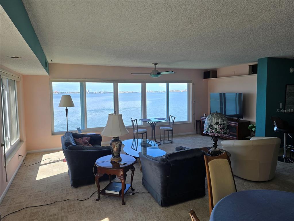 A living room with a large window overlooking the water, carpeted floors, and multiple chairs — 5980 SHORE BOULEVARD S UNIT 501, GULFPORT, FL