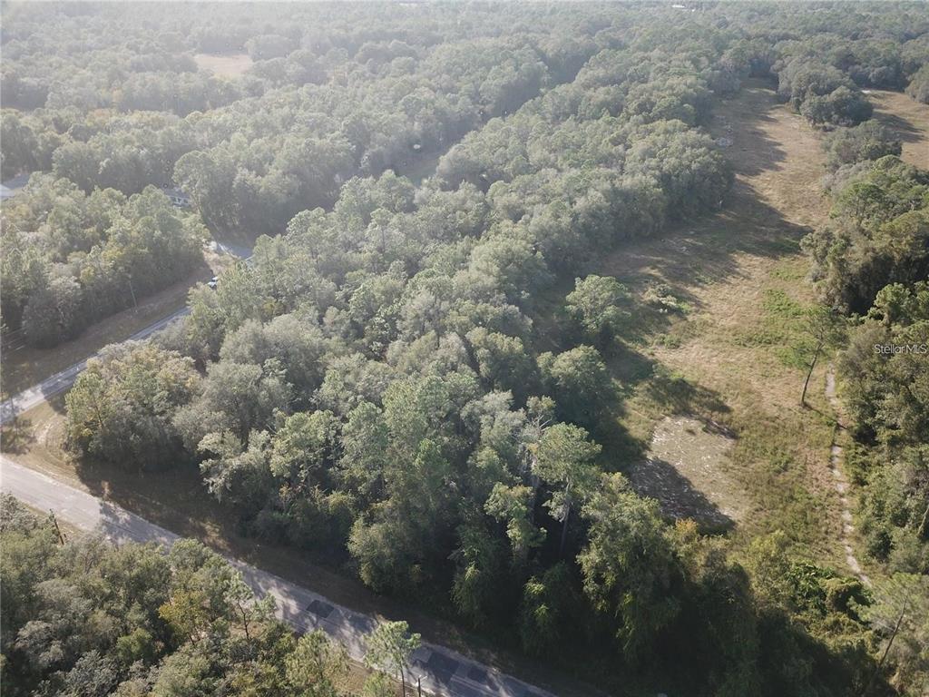 An aerial view shows a wooded lot adjacent to a paved road and open field — 10265 N ATHENIA DRIVE, CITRUS SPRINGS, FL