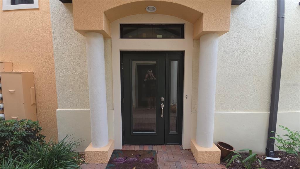 A dark front door with a side light is framed by two white columns — 23556 AWABUKI DRIVE, VENICE, FL