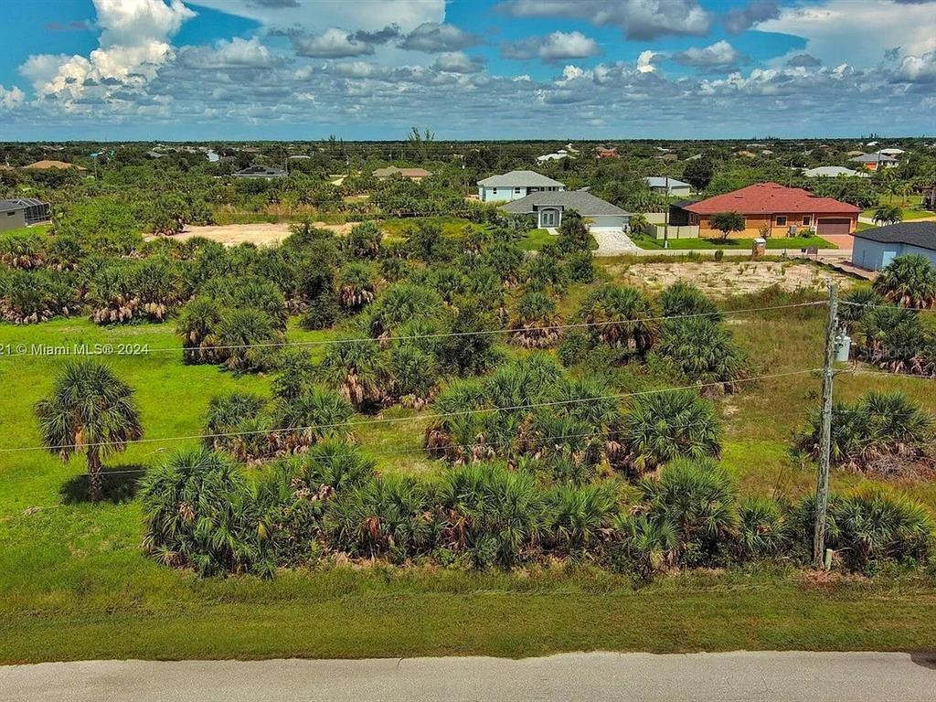 An elevated view shows a vacant, brush-covered lot next to suburban houses and a road — 10705 RAINSVILLE STREET, PORT CHARLOTTE, FL