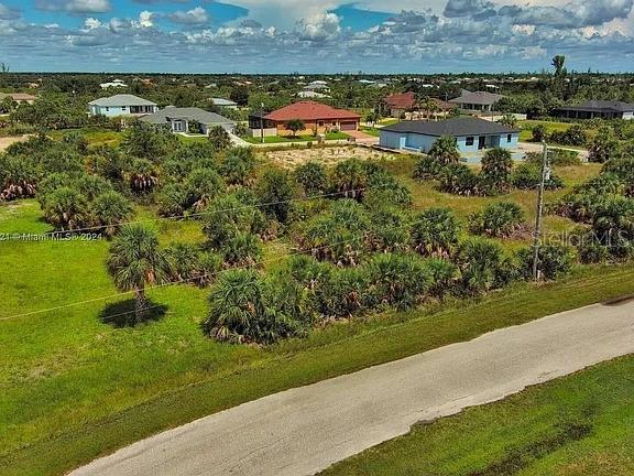 An aerial view shows a vacant, grassy lot with palm trees next to a paved road — 10705 RAINSVILLE STREET, PORT CHARLOTTE, FL
