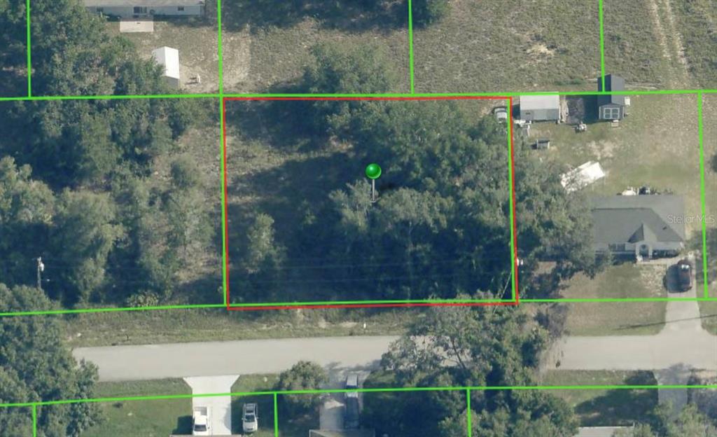 An aerial view shows a rectangular, tree-covered vacant lot outlined in red — 3943 E SCOTTY STREET, INVERNESS, FL