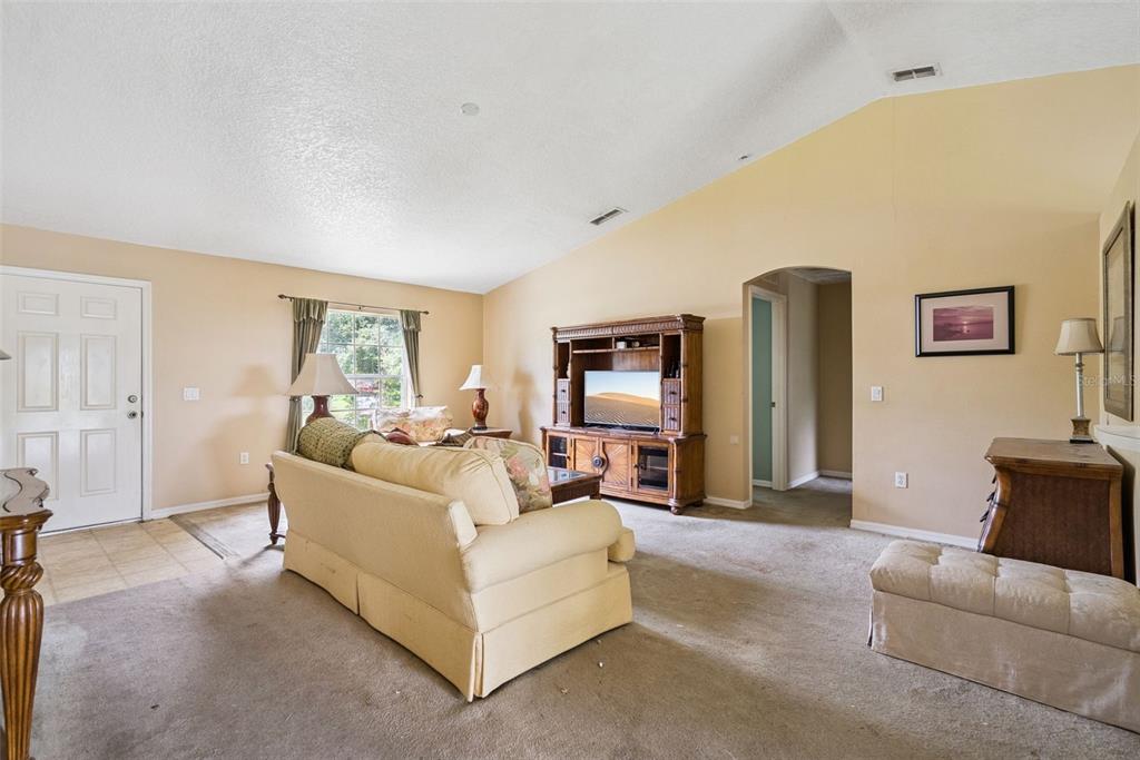 A living room features beige walls, a vaulted ceiling, carpeted flooring, and a wooden entertainment center — 3403 QUEEN PALM DRIVE, EDGEWATER, FL