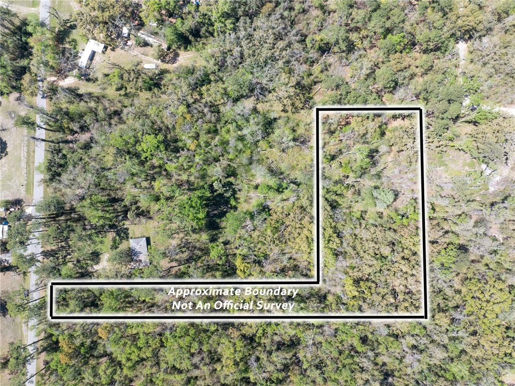 An aerial view shows a wooded plot of land with an approximate boundary outline — 9311 86TH STREET, LIVE OAK, FL