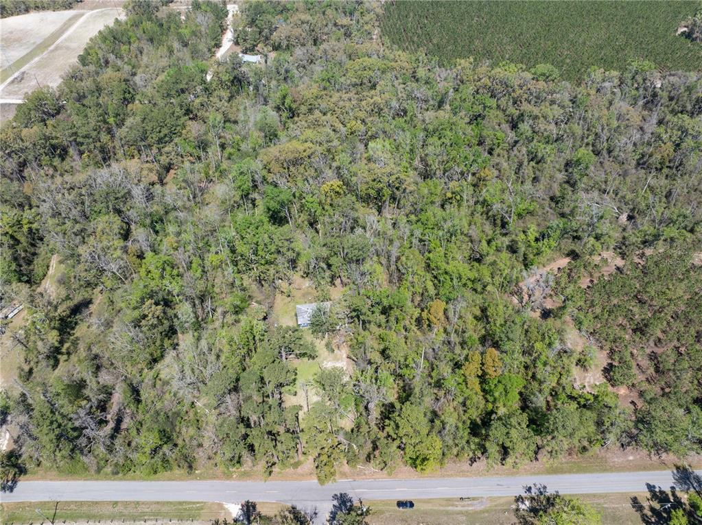 An aerial view shows a house nestled within a large, wooded lot near a road — 9311 86TH STREET, LIVE OAK, FL
