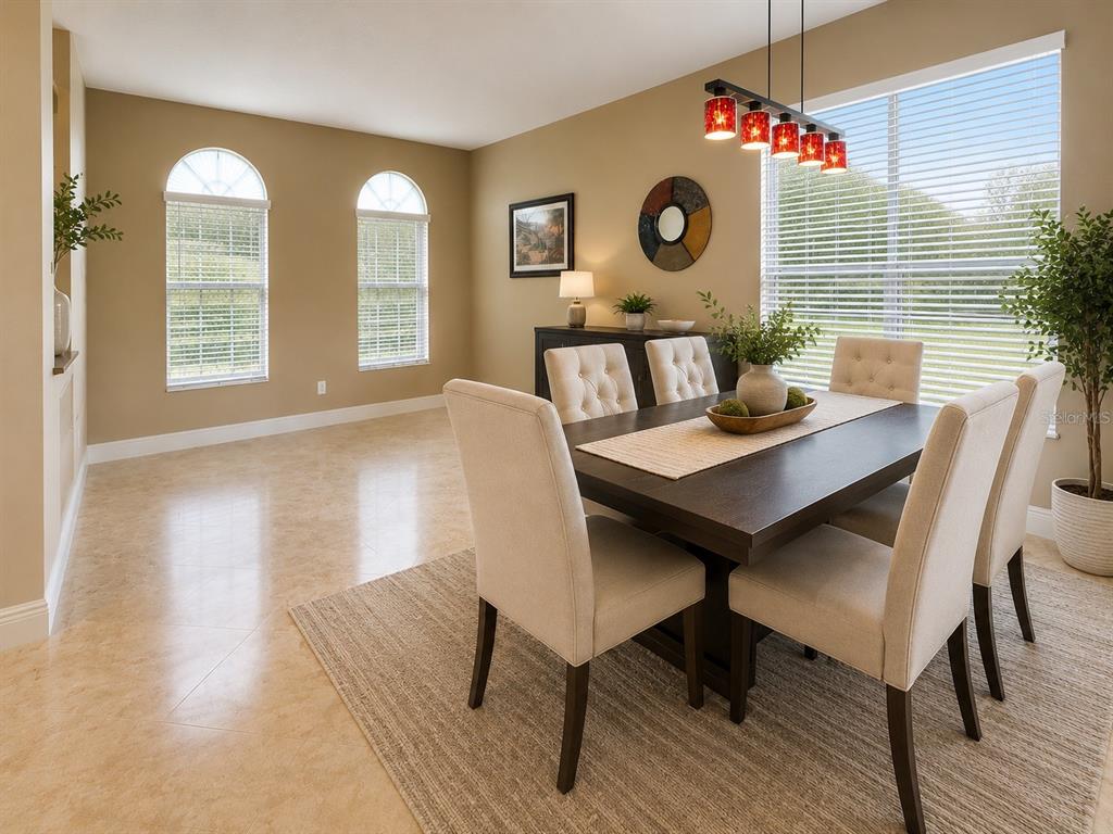 A dining room features a dark wood table, upholstered chairs, a rug, and large windows — 4428 HAVELOCKE DRIVE, LAND O LAKES, FL