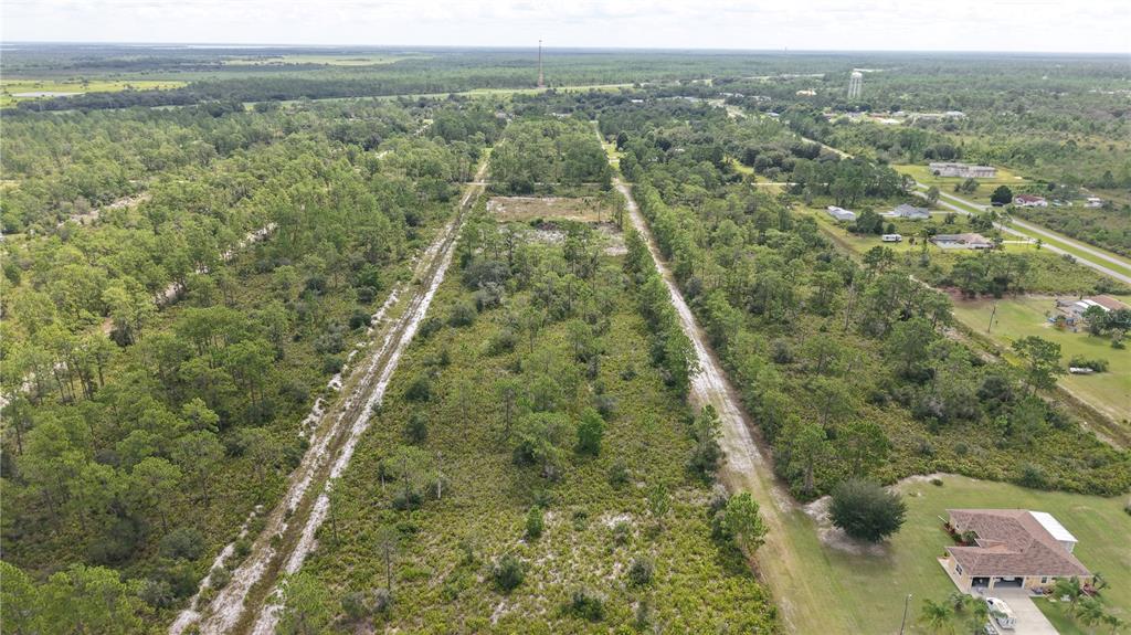 An aerial view shows a large, undeveloped wooded lot bordered by dirt roads and houses — EL DORADO, INDIAN LAKE ESTATES, FL