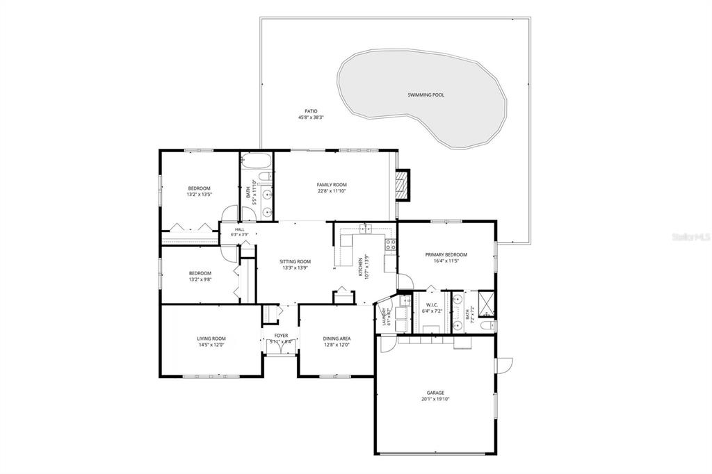 This is a floor plan of a single-story house featuring a swimming pool and patio — 6225 43RD AVENUE N, KENNETH CITY, FL
