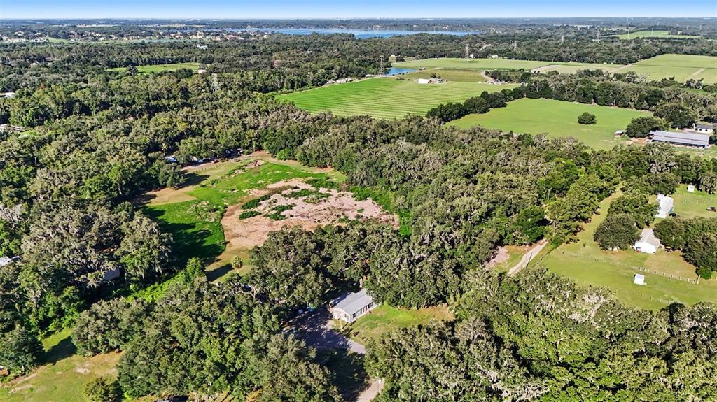 A single-story house with a red door and an adjacent metal workshop under large trees — 12709 CHIHUAHUA COURT, THONOTOSASSA, FL