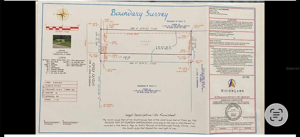 This image is a boundary survey map showing the dimensions and property lines of a lot — SPIVEY ROAD, GIBSONTON, FL