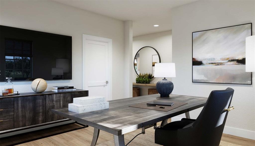 This rendering shows a modern home office with a dark wood desk, credenza, and television — 13 FALMOUTH DRIVE, ST AUGUSTINE, FL