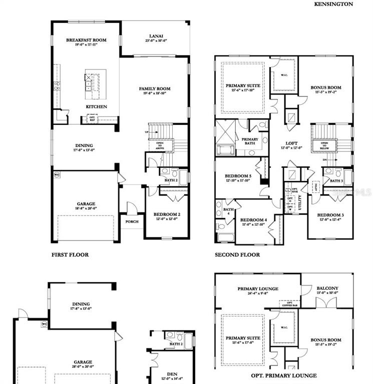 This image displays floor plans for a two-story residential home with multiple layout options — 1008 W ADALEE STREET, TAMPA, FL