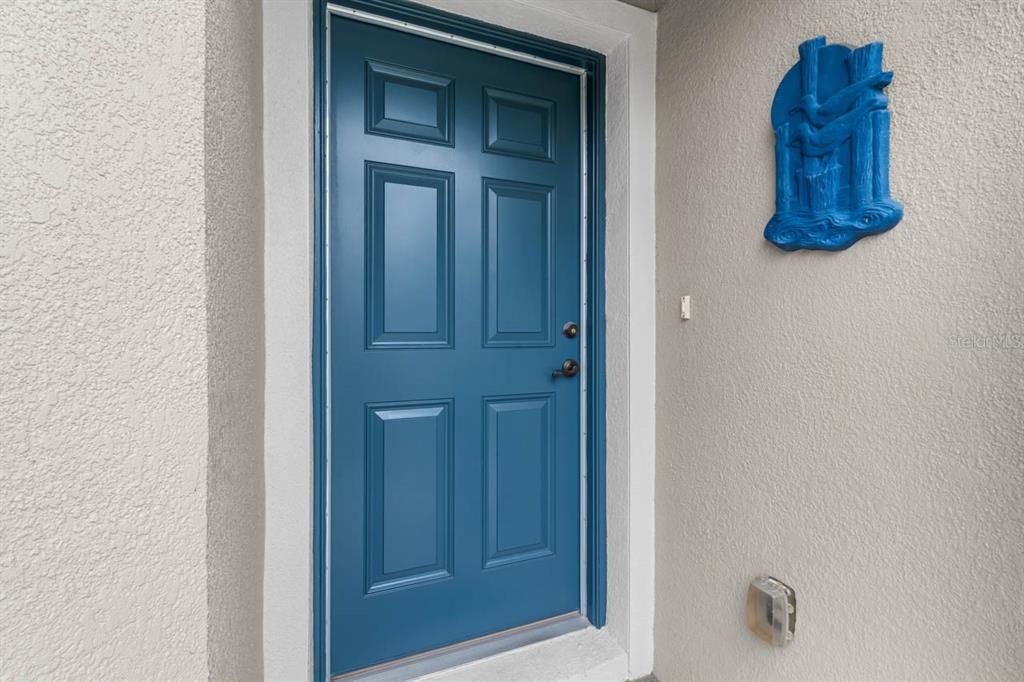 A blue six-panel front door is set into a light-colored stucco wall — 1160 JAMESON GREENS DRIVE, SUN CITY CENTER, FL