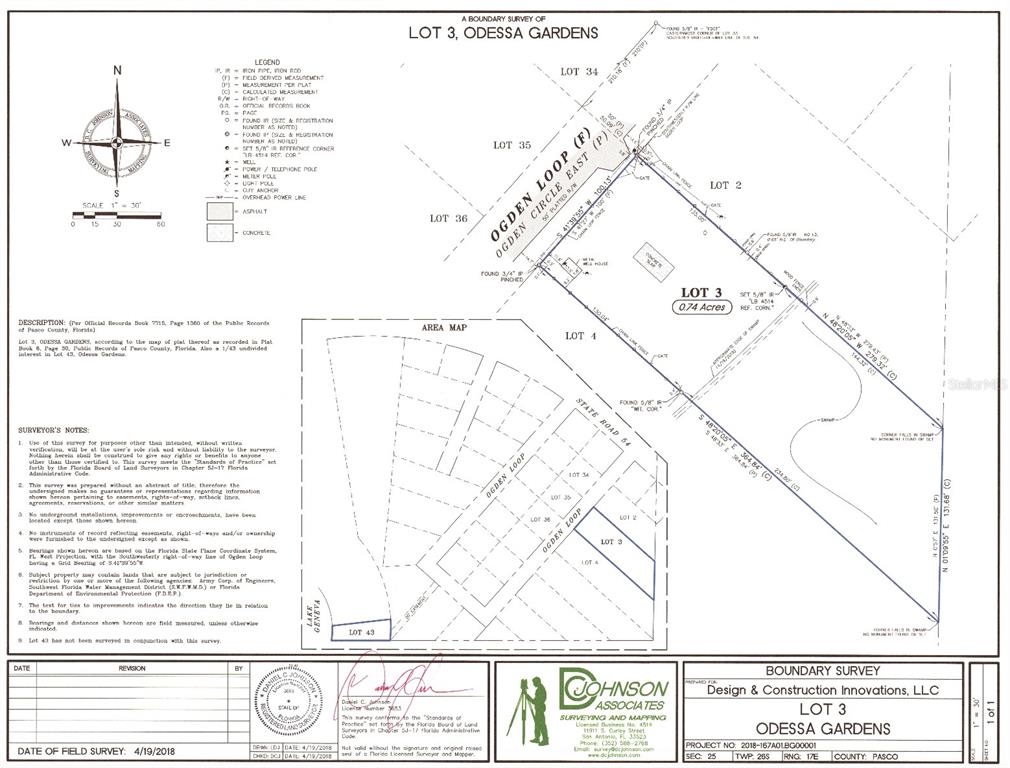 This image is a boundary survey map for Lot 3 of Odessa Gardens — 14969 OGDEN LOOP, ODESSA, FL
