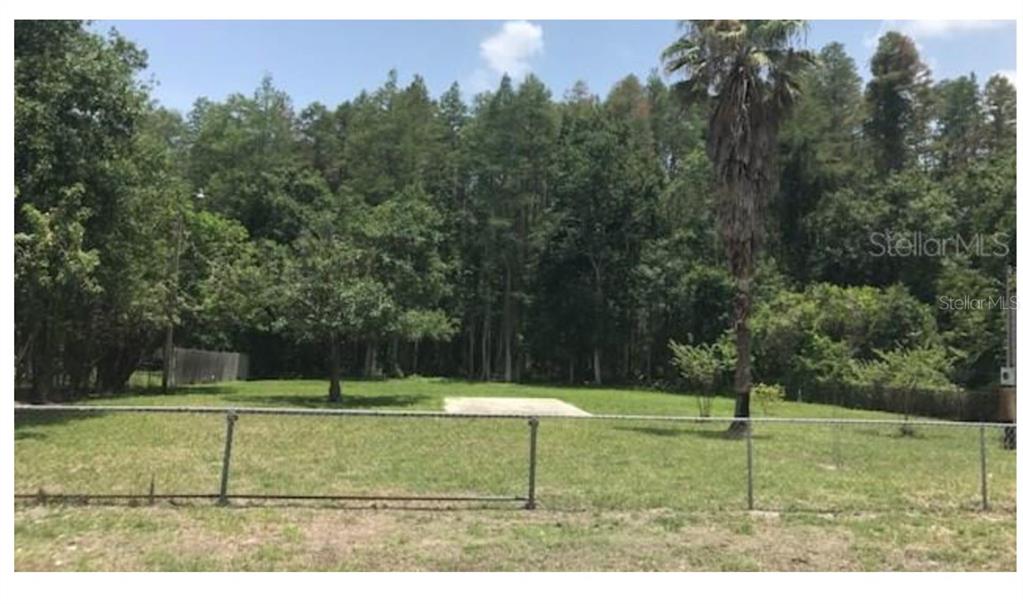 A fenced, grassy residential lot features a concrete pad and mature trees in the background — 14969 OGDEN LOOP, ODESSA, FL