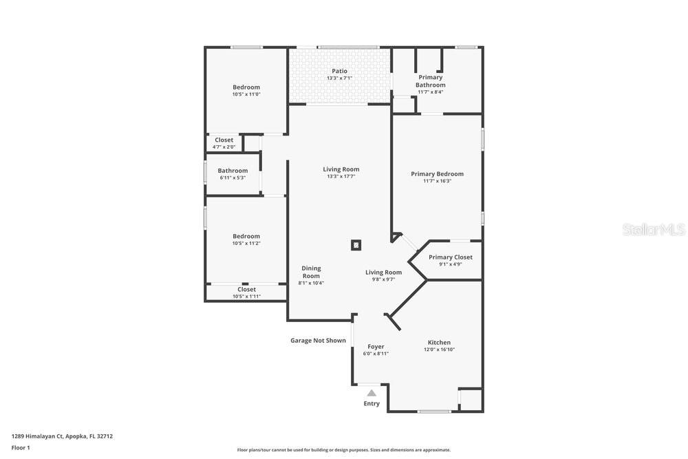 This is a floor plan showing a single-story home with three bedrooms and two bathrooms — 1289 HIMALAYAN COURT, APOPKA, FL