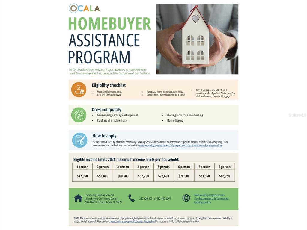 This informational flyer outlines the Ocala Homebuyer Assistance Program eligibility requirements, application steps, and income limits — 1637 SW 2ND STREET, OCALA, FL