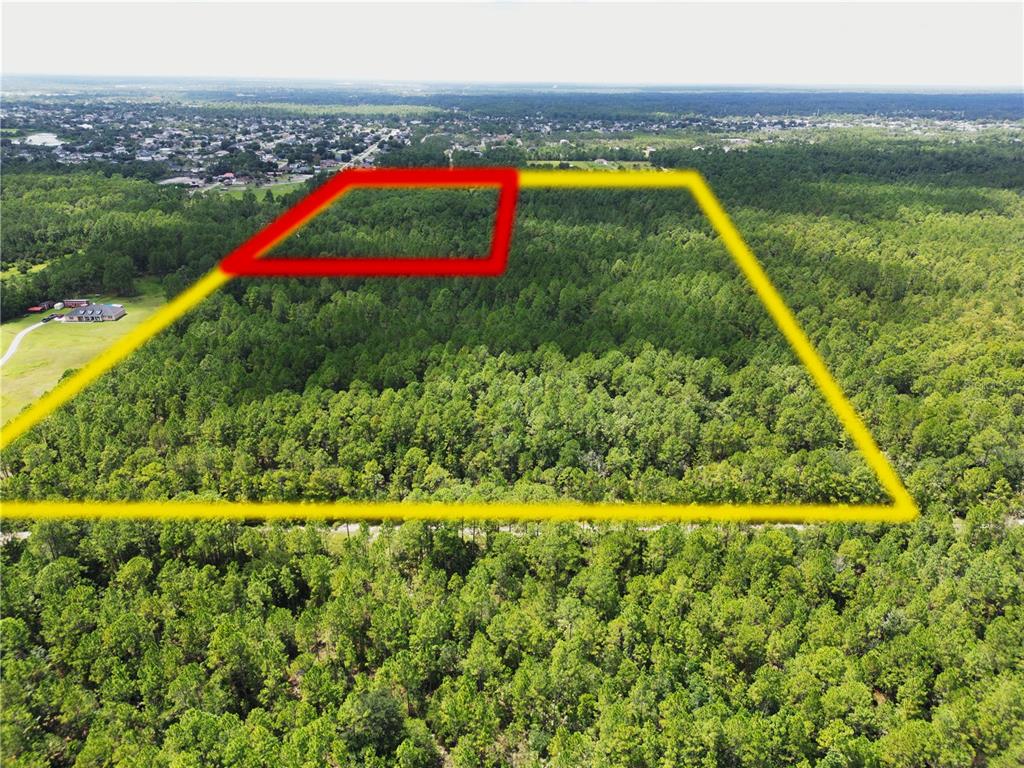 An aerial view shows a large, wooded plot of land outlined in yellow and red — CADEHILL DRIVE, DELTONA, FL
