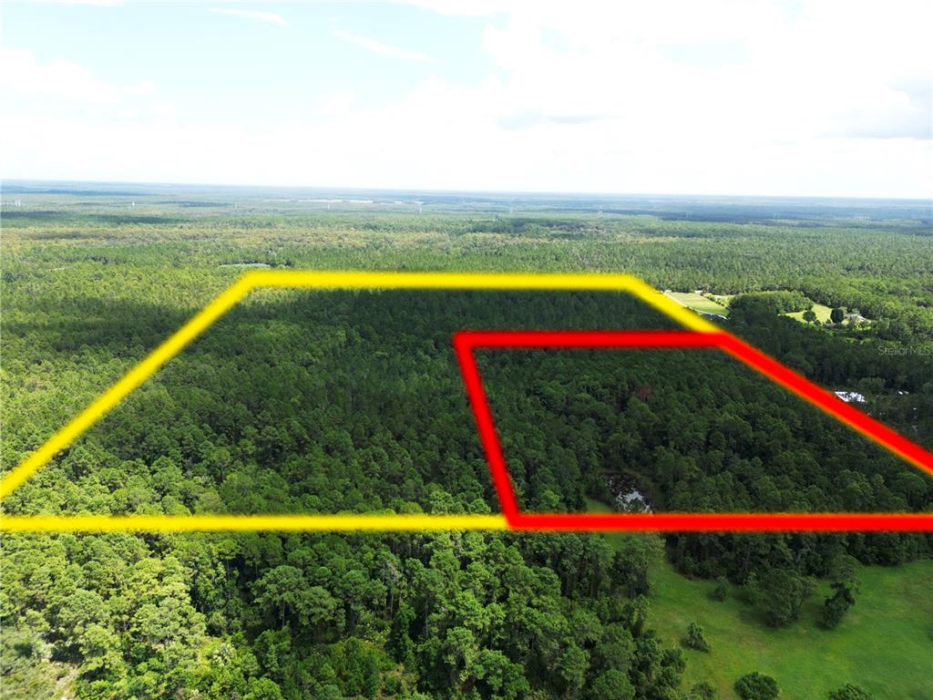 An aerial view shows a wooded plot of land outlined in yellow and red — CADEHILL DRIVE, DELTONA, FL
