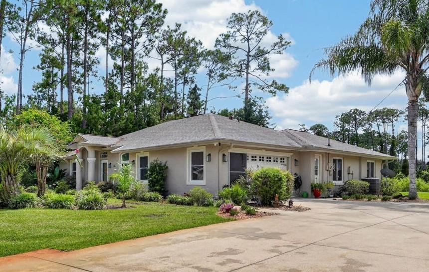 A single-story house with a beige stucco exterior, a gray roof, and a front palm tree — 84 ETHAN ALLEN DRIVE, PALM COAST, FL