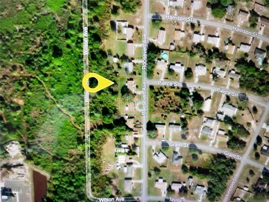 This is an aerial map view showing a vacant lot marked with a yellow pin — ROOSEVELT AVENUE, LAKE WALES, FL