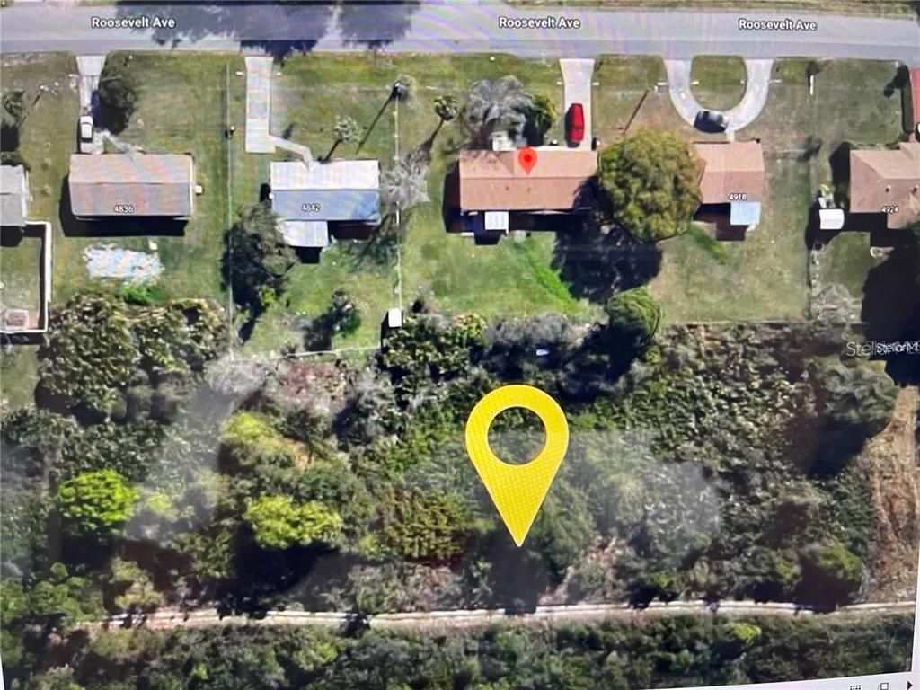 This aerial map shows a residential property with a house and a large wooded backyard — ROOSEVELT AVENUE, LAKE WALES, FL