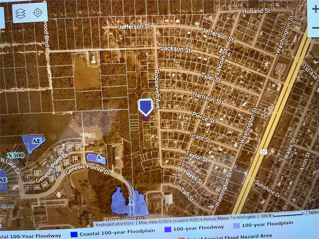 This is a flood hazard map showing a highlighted property lot near Roosevelt Avenue — ROOSEVELT AVENUE, LAKE WALES, FL