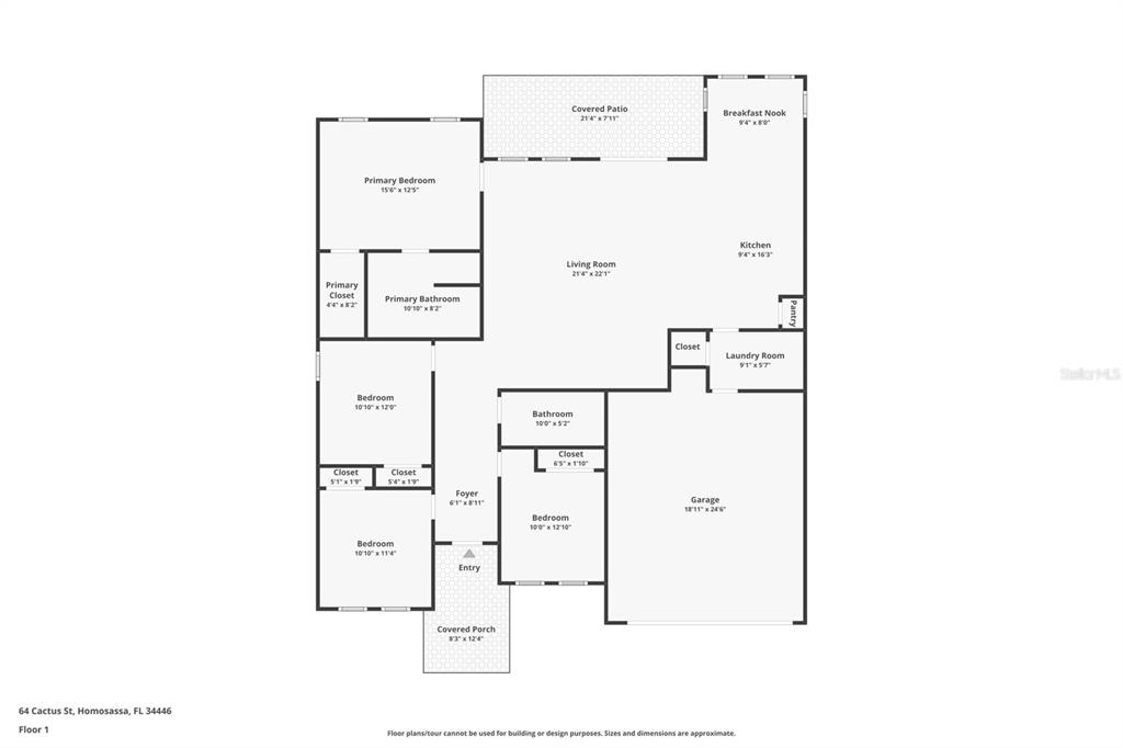 This is a floor plan showing a single-story house with three bedrooms, a garage, and patio — 4744 S RAINBOW DRIVE, INVERNESS, FL