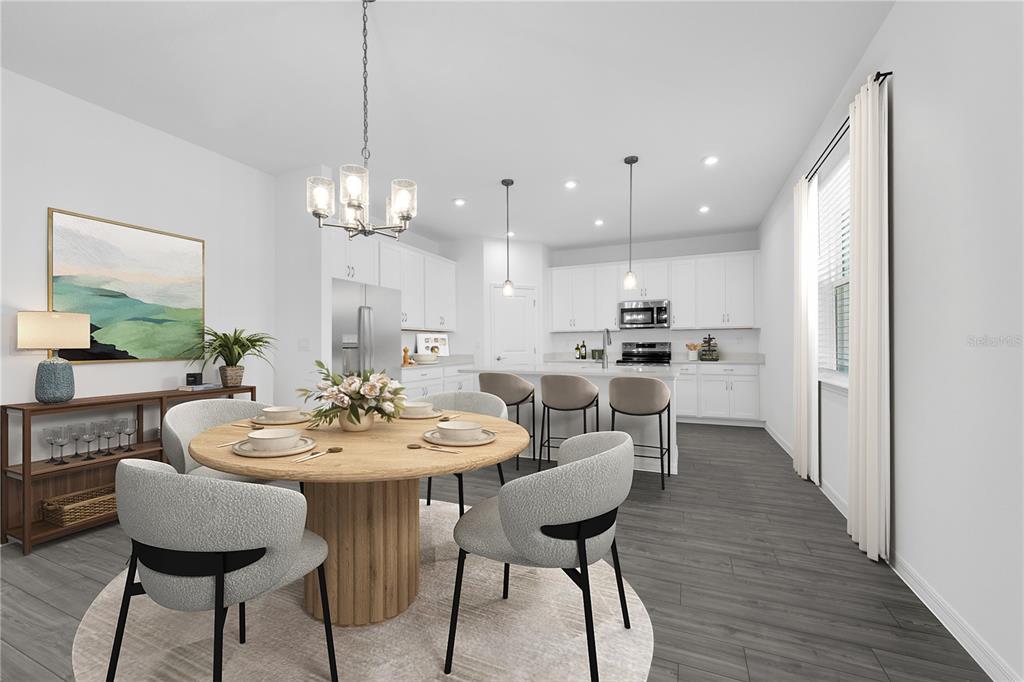 This is a digital rendering of a modern open-concept kitchen and dining area — 1837 SHADOW BOX BEND, ST CLOUD, FL