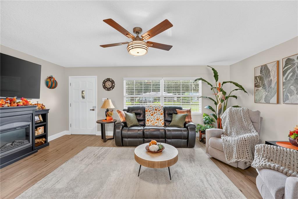 A living room features a dark leather sofa, a fireplace, a ceiling fan, and light flooring — 28050 LOIS DRIVE, TAVARES, FL