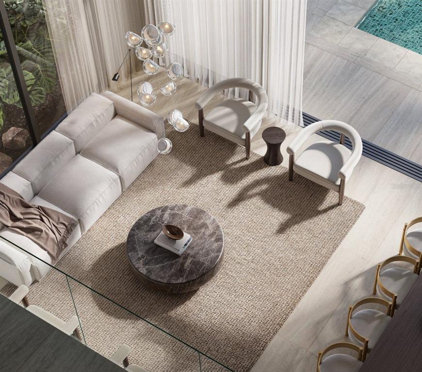 This rendering shows a modern living room with a sofa, two chairs, and a pool view — 46 SERENO, GUAYNABO, PR