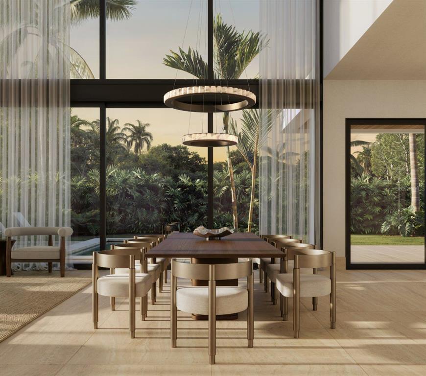 This rendering shows a modern dining room with a long wooden table and floor-to-ceiling windows — 46 SERENO, GUAYNABO, PR