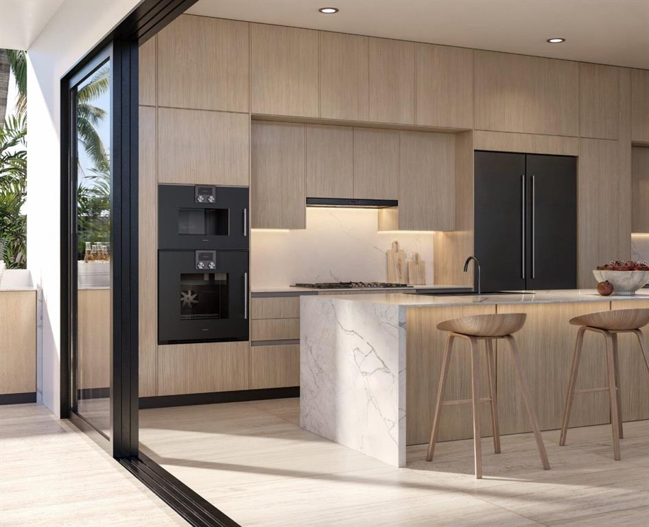 This rendering shows a modern kitchen with light wood cabinetry, marble countertops, and black appliances — 46 SERENO, GUAYNABO, PR