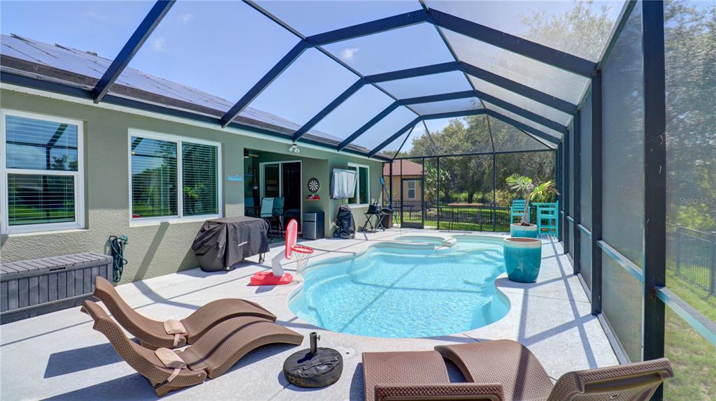 A screened-in patio features a swimming pool, lounge chairs, and a grill — 5725 JUSTICIA LOOP, LAND O LAKES, FL