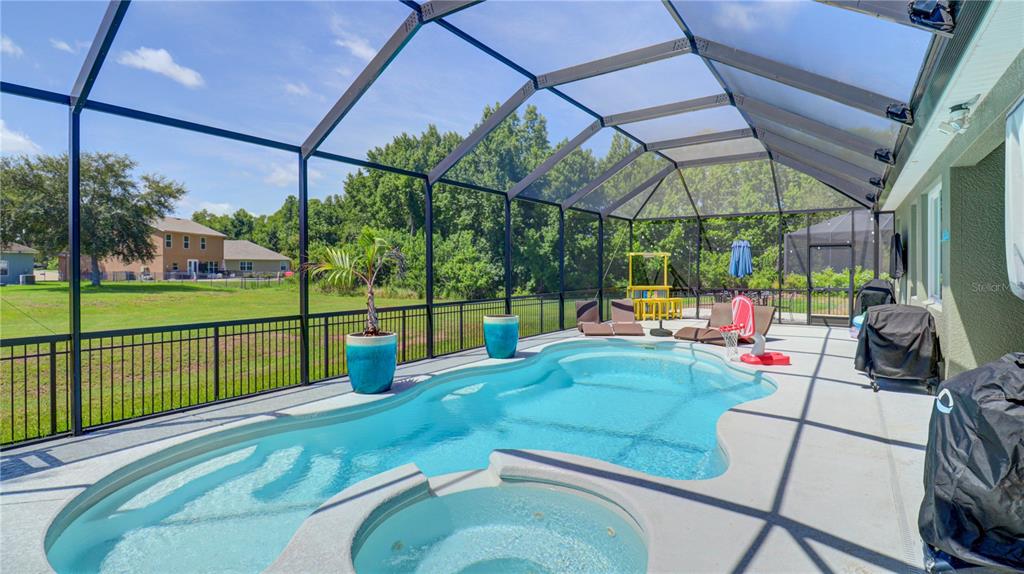A screened-in pool and hot tub area with a patio and views of a backyard — 5725 JUSTICIA LOOP, LAND O LAKES, FL