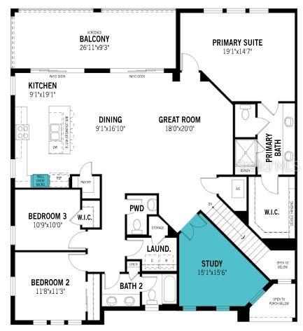 This is a floor plan of a residential home featuring three bedrooms, a study, and balcony — 12807 JADE EMPRESS LOOP UNIT 201, VENICE, FL