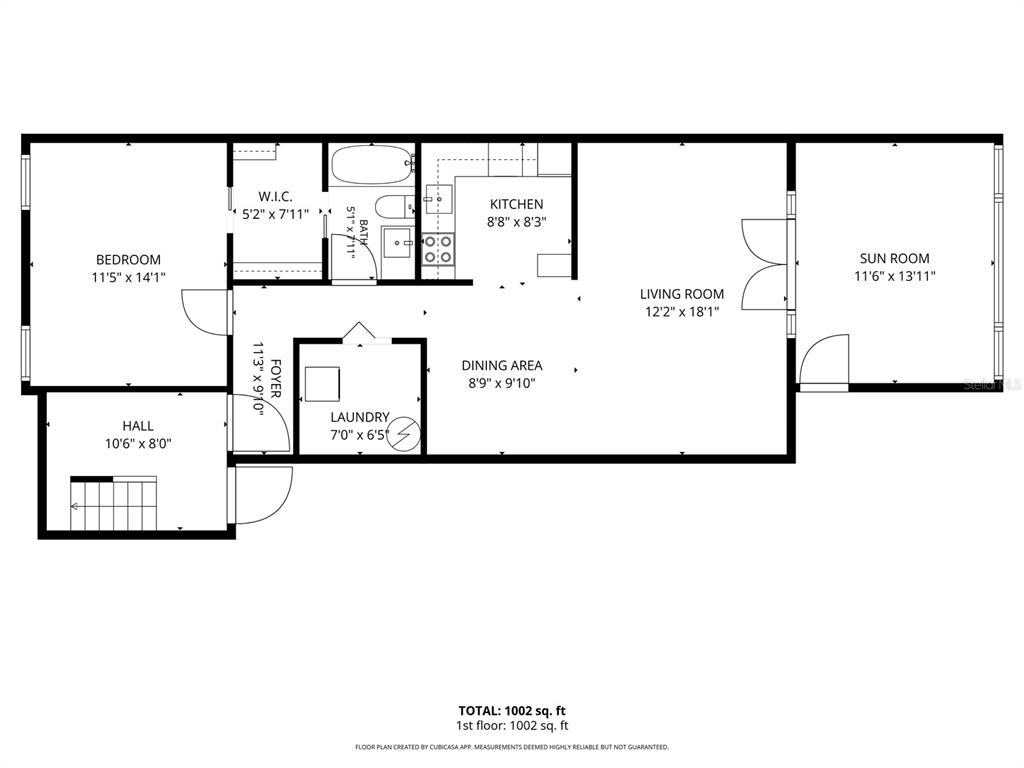 This is a floor plan for a one-bedroom apartment with a sun room and laundry — 2842 SW 14TH DRIVE UNIT 103, GAINESVILLE, FL