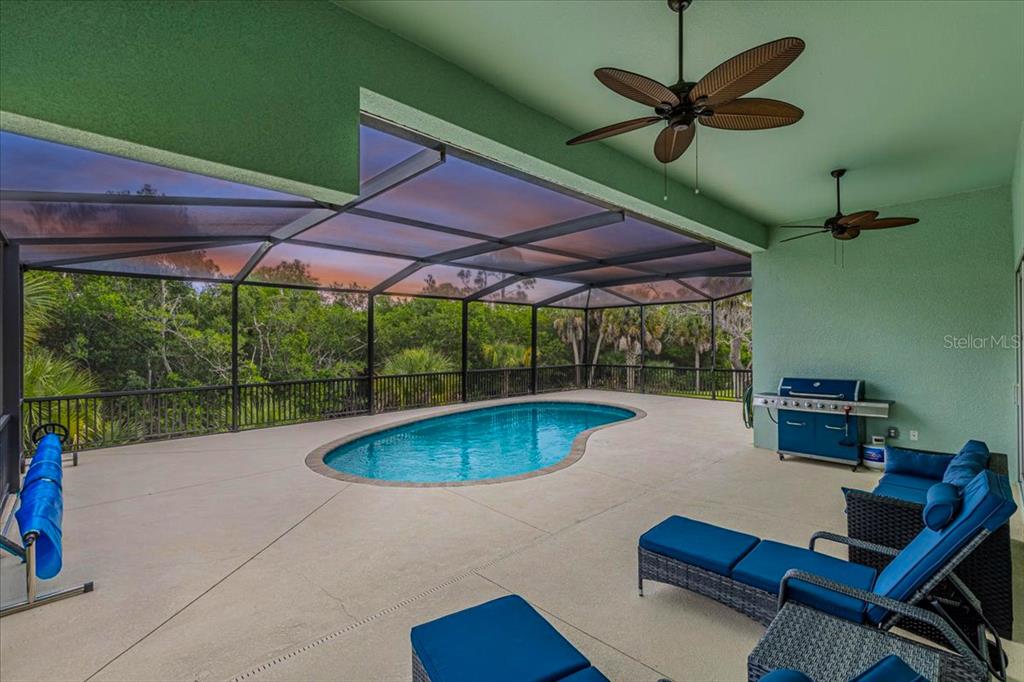 A covered patio features a kidney-shaped pool, outdoor furniture, and a grill under a screen enclosure — 16883 ACAPULCO ROAD, PUNTA GORDA, FL
