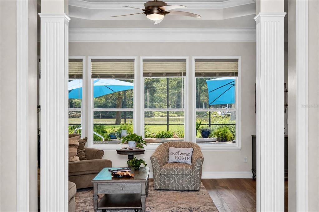 A living room features a coffered ceiling, large windows overlooking a lake, and two armchairs — 101 LONGVIEW WAY N, PALM COAST, FL