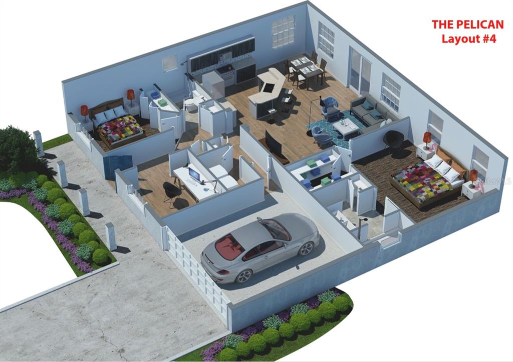 This is a 3D floor plan rendering of a two-bedroom home with an attached garage — 5982 CORMORANT COURT, LAKELAND, FL