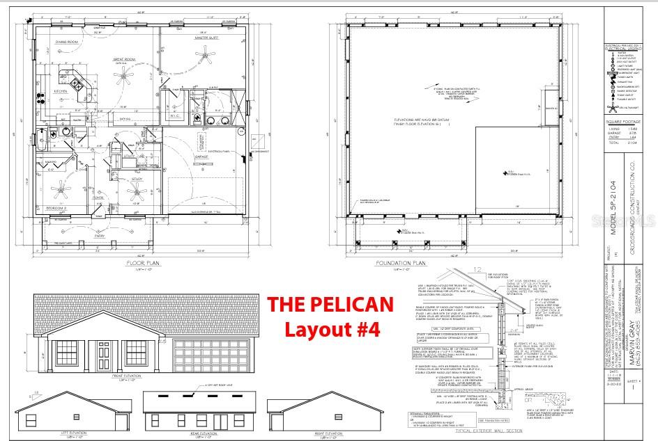 This architectural floor plan and elevation rendering shows the layout and exterior design for a house — 5982 CORMORANT COURT, LAKELAND, FL