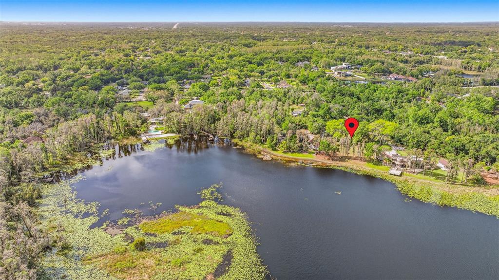 An aerial view shows a house situated on the edge of a lake surrounded by trees — DEBUEL ROAD, LUTZ, FL