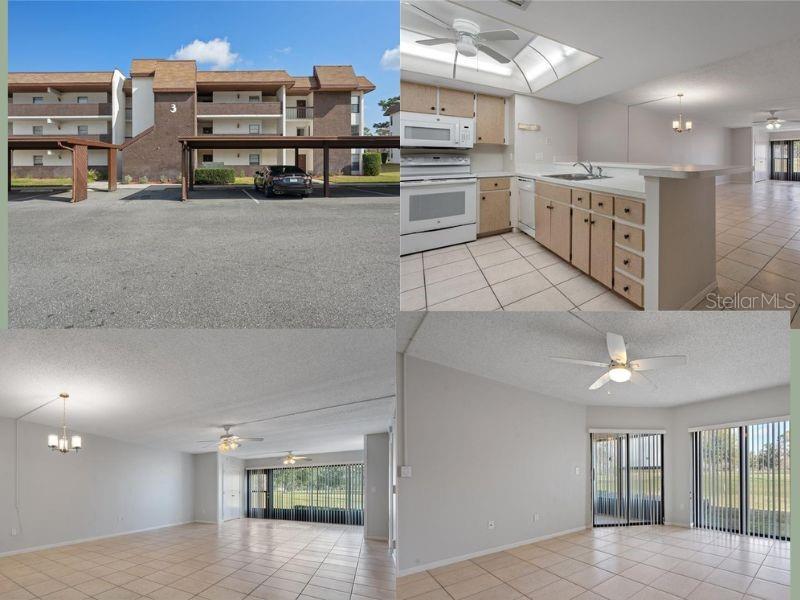 A collage showing a multi-story apartment building exterior and a tiled interior with a kitchen — 3 CYPRESS RUN UNIT 35A, HOMOSASSA, FL